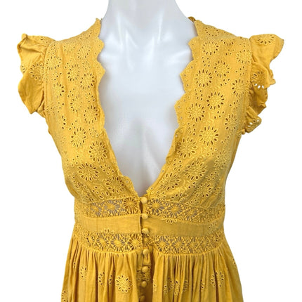 Free People Yellow Linen Eyelet Plunge V-Neck Flutter Sleeve Mini A-Line Dress S