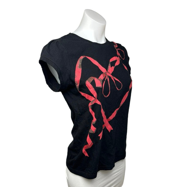 Viktor & Rolf for H&M Black Red Heart Ribbon Graphic Short Sleeve T-Shirt Size M