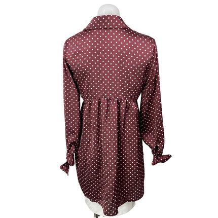 Zara Maroon Long Sleeves Silk Satin Polka Dots Tunic Blouse Shirt Dress Size M