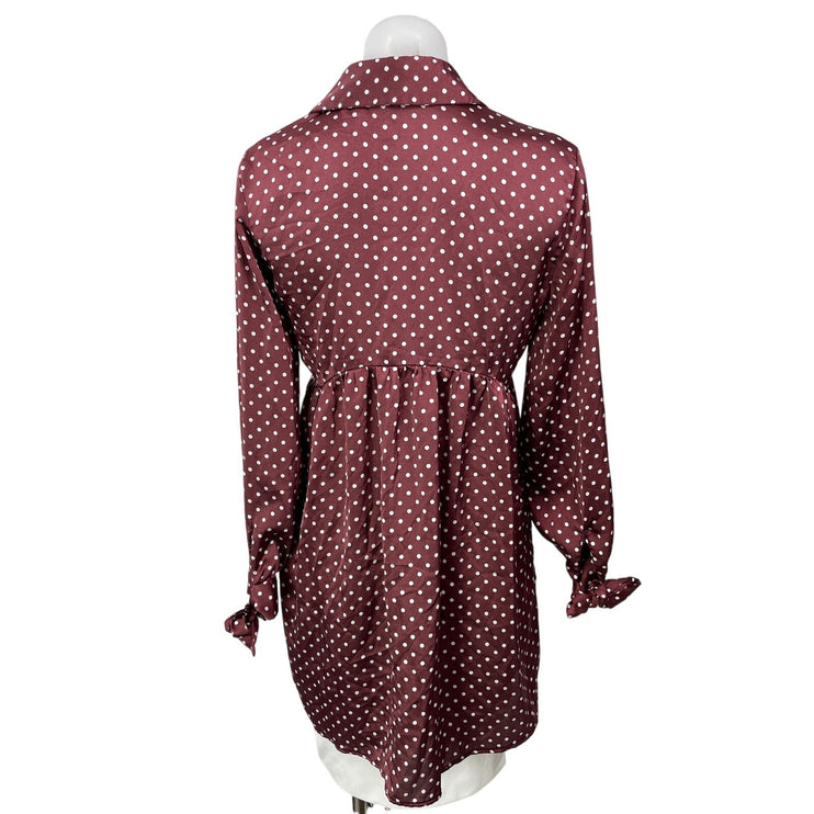 Zara Maroon Long Sleeves Silk Satin Polka Dots Tunic Blouse Shirt Dress Size M