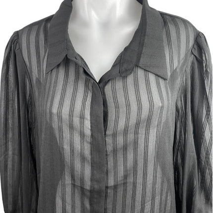 Showpo Women's Black Striped Long Sleeve Mesh Sheer Button Up Shirt Top Size 16