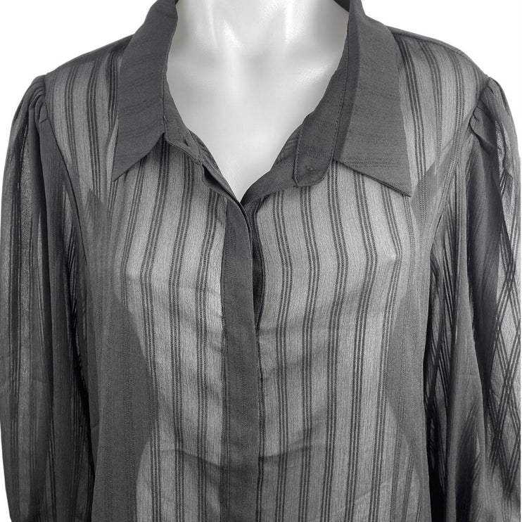 Showpo Women's Black Striped Long Sleeve Mesh Sheer Button Up Shirt Top Size 16