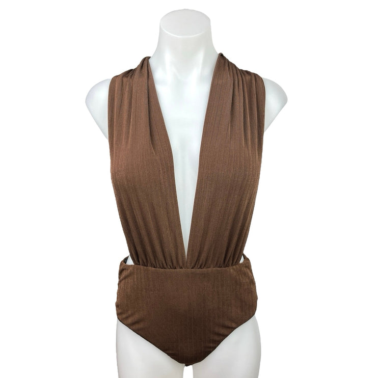 Showpo. Womens Brown Plunging Halter Neck Backless One Piece Bodysuit Top Size 4