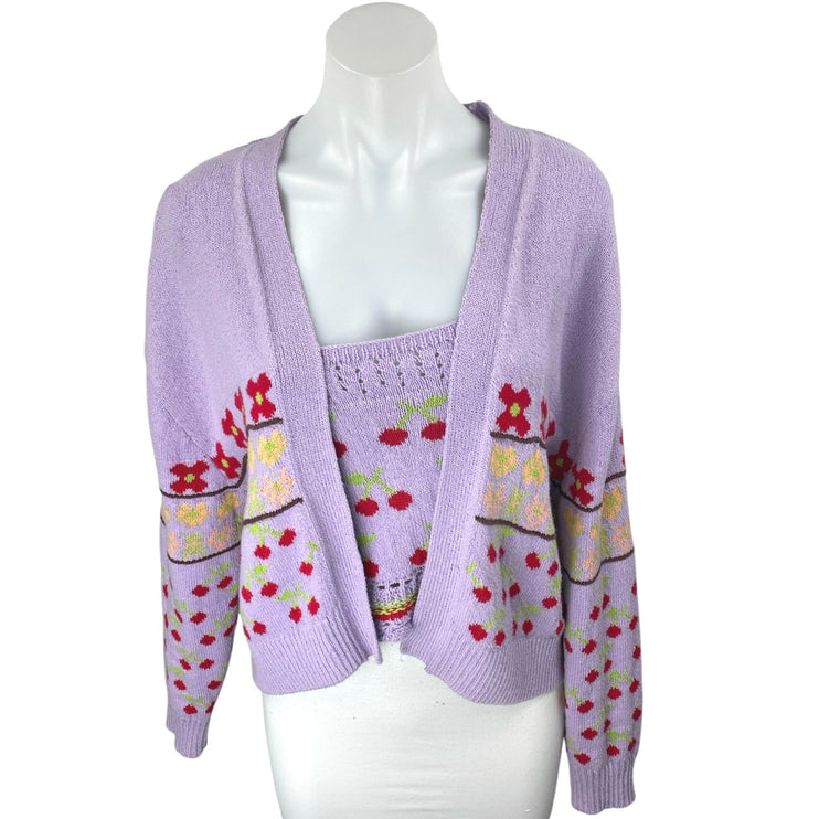 Zara Purple Cherry Floral Knit Long Sleeve Cardigan Sweater Tank 2 Pc Set Size S