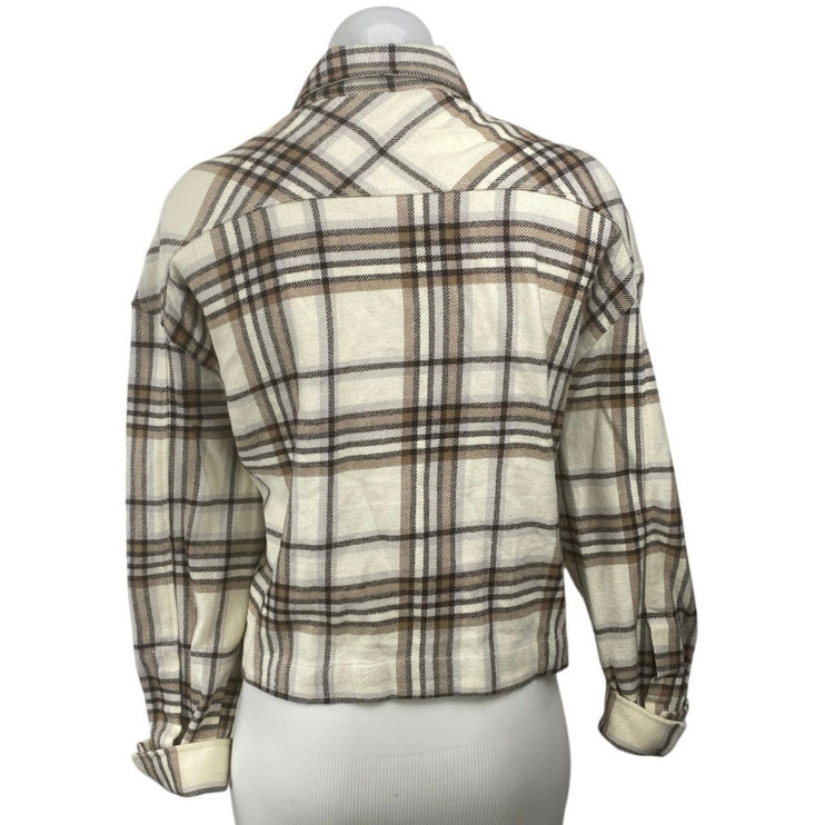 Zara Plaid Check Collared Long Sleeve Crop Button Up Shirt Coat Jacket Top Sz S