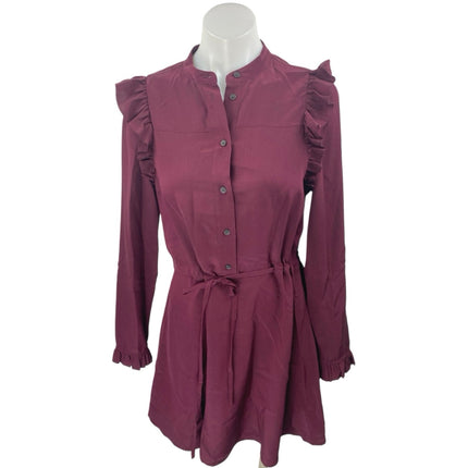 AllSaints Red 100% Silk Long Sleeve Ruffle Button Tie Waist Mini A Line Dress 4