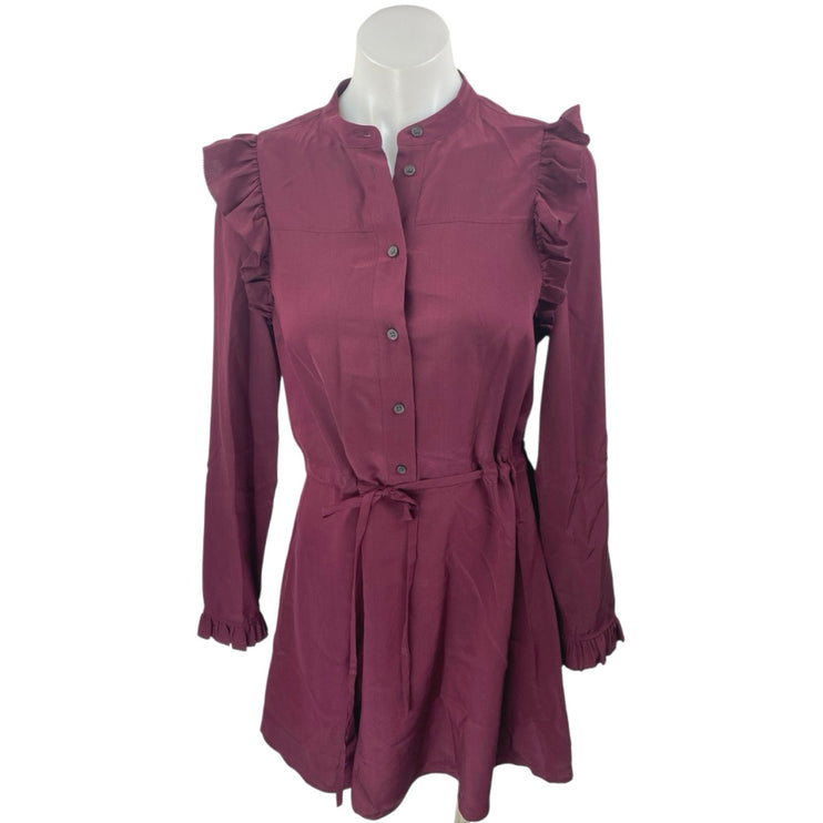 AllSaints Red 100% Silk Long Sleeve Ruffle Button Tie Waist Mini A Line Dress 4