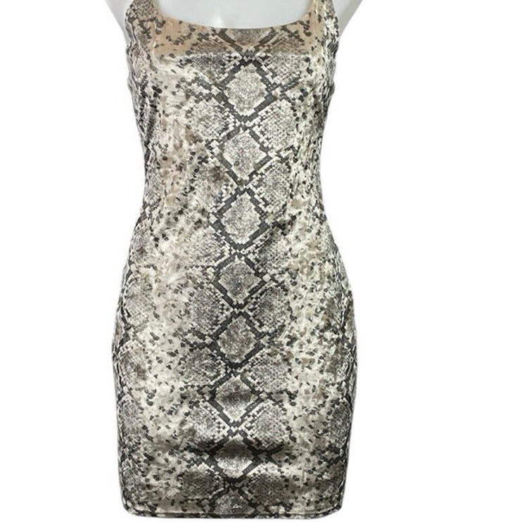 Windsor Beige Velvet Velour Snakeskin Cami Sleeveless Tank Mini Bodycon Dress M