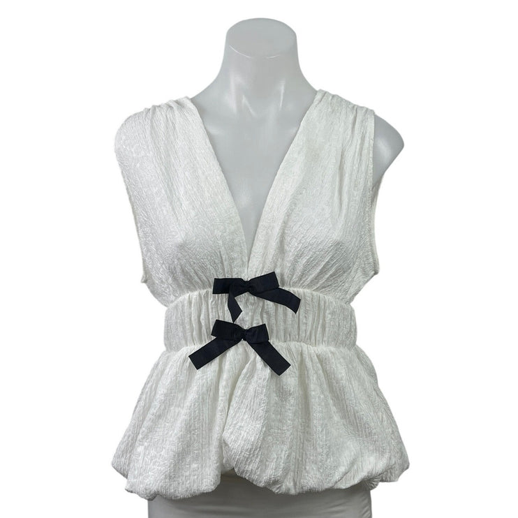 NEW Zara White Textured Bow Sleeveless Plunge V Neck Blouse Crop Tank Top Size L