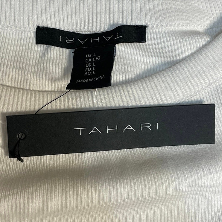NEW Tahari Women's White Ribbed Knit Short Sleeve Round Neck T Shirt Tee Top L