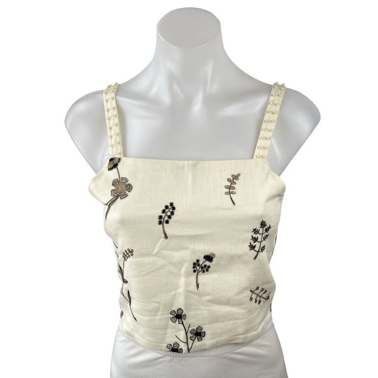 Zara Women's Cream Beaded Embroidered Leaf Sleeveless Tie Cami Crop Top Size L