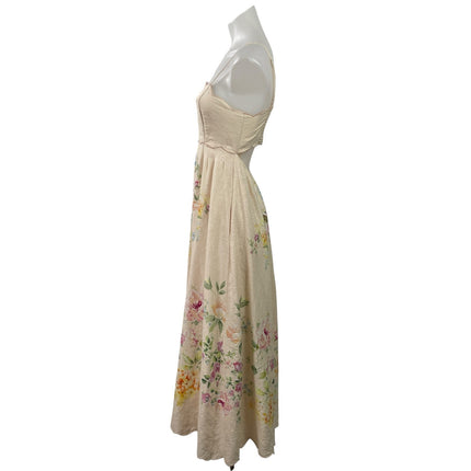 Christian Lacroix Cream Linen Floral Scallop Sleeveless Fit & Flare Midi Dress S