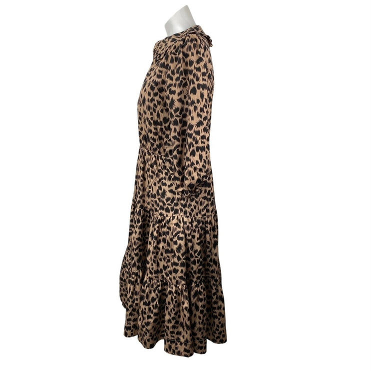 Lilac Brown Leopard Animal Print Collared Puff 3/4 Sleeve A-Line Midi Dress XS