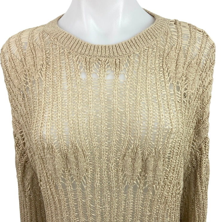 Zara Gold Knit Crochet Crew Neck Long Sleeve Sheer Pullover Sweater Top Size XL