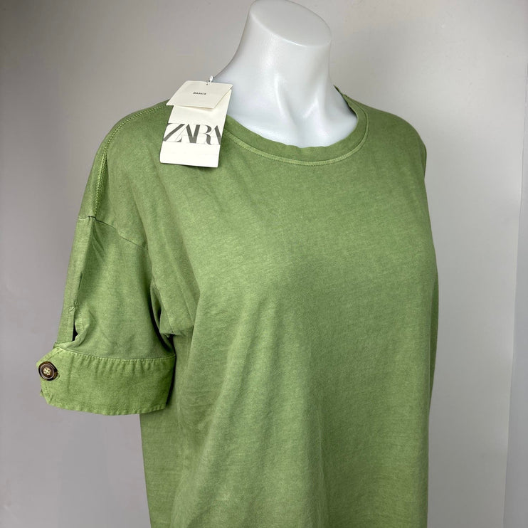 Zara NWT Green Cotton Cuffed Short Sleeve Crew Oversized T-Shirt Midi Dress Sz S