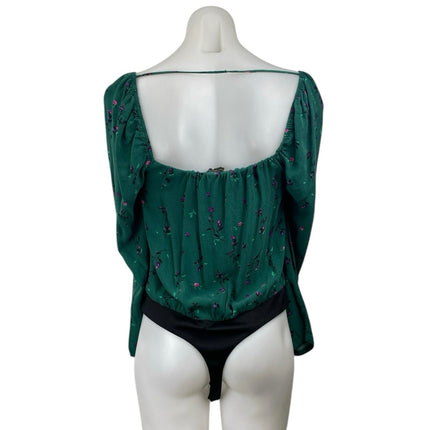 AFRM Green Floral Long Puff Sleeve Peasant Button Up Blouse Bodysuit Top Size M