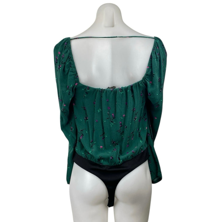AFRM Green Floral Long Puff Sleeve Peasant Button Up Blouse Bodysuit Top Size M