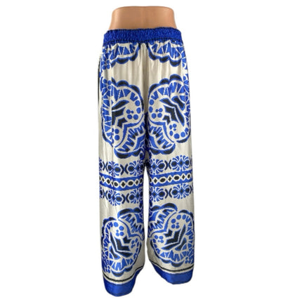 Zara Women's Blue White Abstract High Rise Baggy Wide Leg Trousers Pants Size M