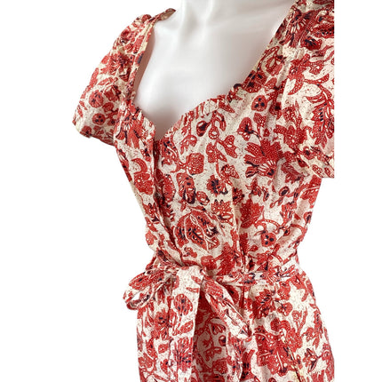 Find Me Now Red Floral Short Puff Sleeve Smocked Tie Waist Crop Jumpsuit Size M