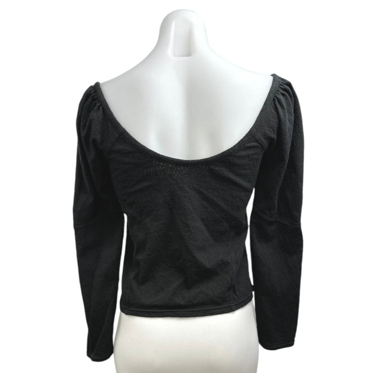 Free People Women's Black Long Puff Sleeve Scoop Neck Button Up Blouse Top Sz M