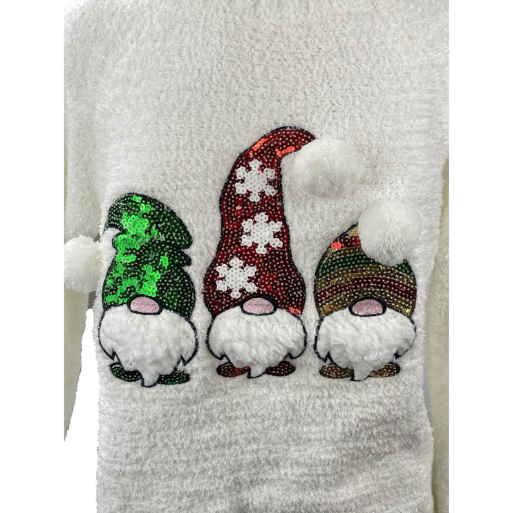 Merry Christmas by Poof White Gnomes Fleece Sequin Long Sleeve Sweater Top Sz M