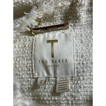Ted Baker White Tweed Fringe Half Sleeve Full Zip Blazer Coat Jacket Size 2