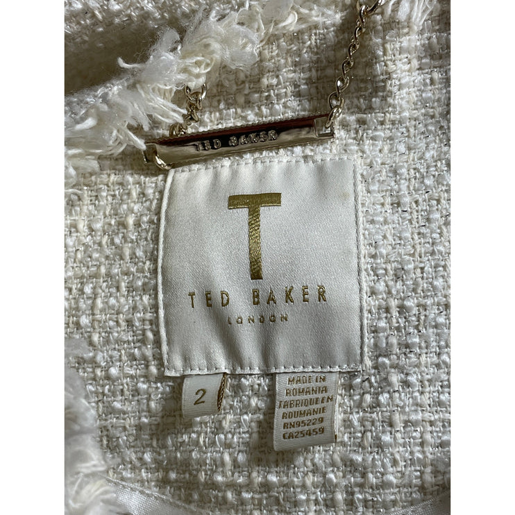Ted Baker White Tweed Fringe Half Sleeve Full Zip Blazer Coat Jacket Size 2