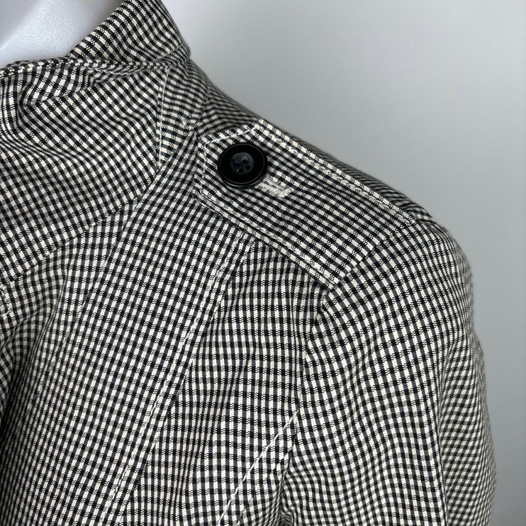 Nordstrom Halogen Womens Black White 70% Cotton 28% Polyester 2% Spandex Plaid Checkered Gingham Check Double Breasted Waist Tie Belt Long Sleeve Collar Pockets Buttons Casual Travel Work Trench Pea Coat Raincoat Jacket Size XS