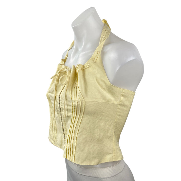 ASTR The Label Yellow Halter Pintucked Smocked Tie Sleeveless Crop Top Size S