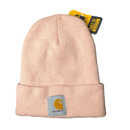 NEW Carhartt Women's Pink Knit Cuffed Fold Up Logo Patch Beanie Cap Hat One Size