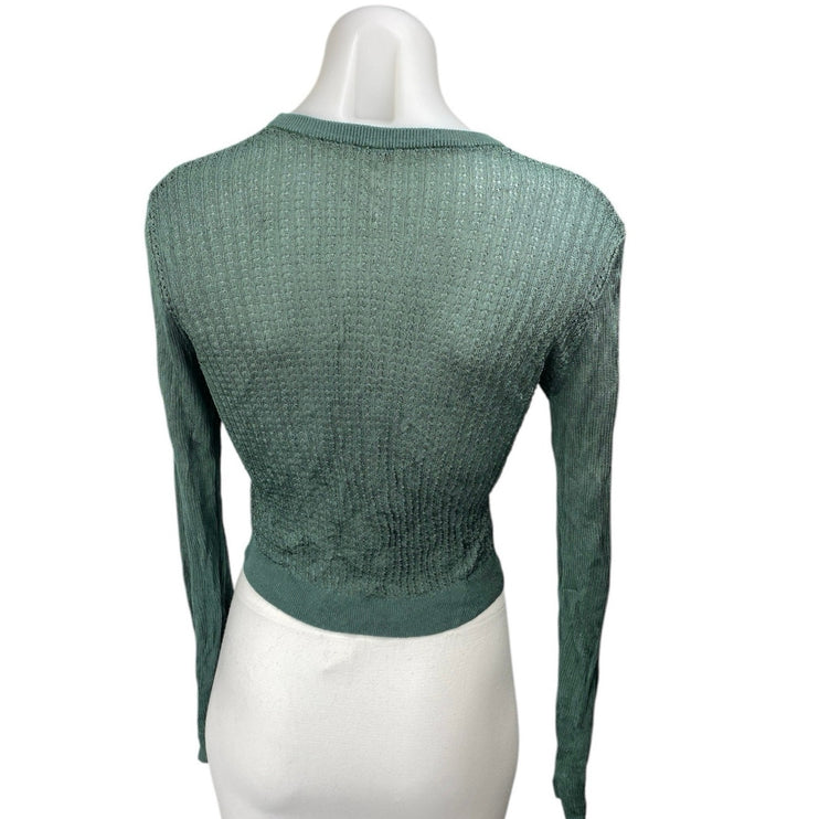 Free People Women's Green Long Sleeve Waffle Knit Cropped Sweater Top Size S