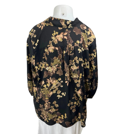 Poema Black Multicolor Floral Print Long Sleeve Tie V-Neck Blouse Top Size 4X