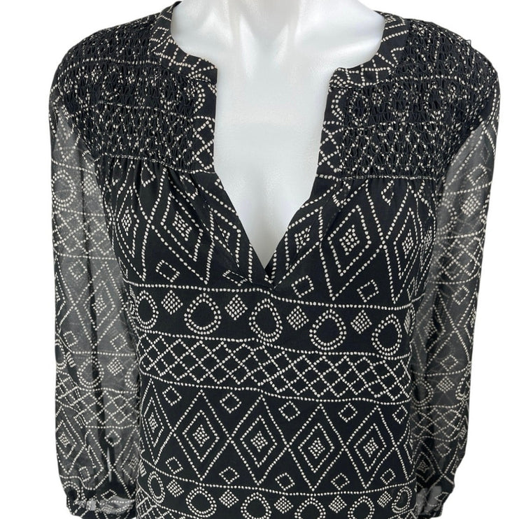 Madewell Black Tribal Southwest Print Smocked Long Sleeve Mini Shift Dress Sz M