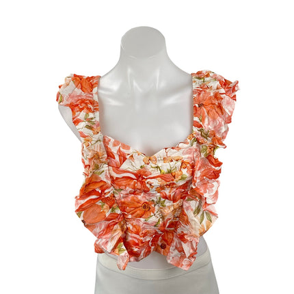 NEW H&M Coral Floral Sleeveless Linen Ruffle Sweetheart Cropped Blouse Top Sz S