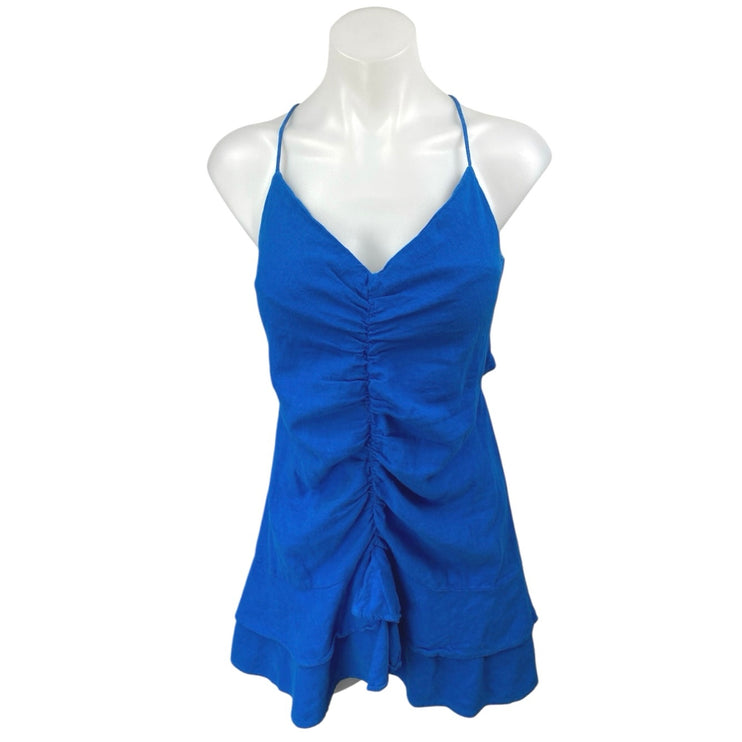 Zara Blue Ruched Cutout Sleeveless Cami Camisole Tank Tiered A Line Mini Dress S