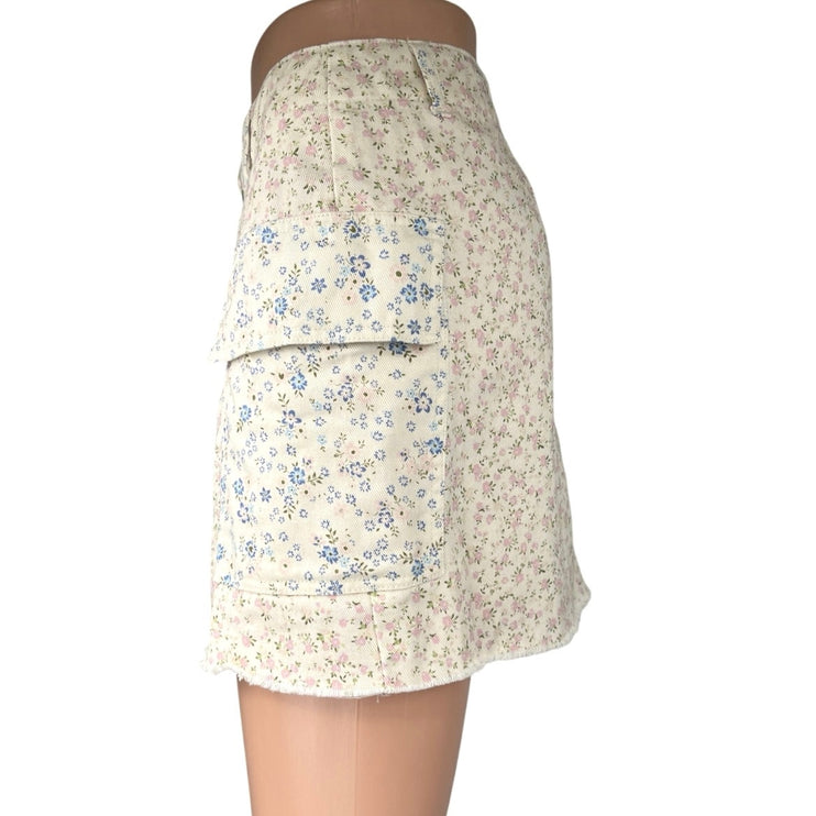 Altar'd State White Pink Floral Print Raw Hem Straight Pencil Mini Cargo Skirt M