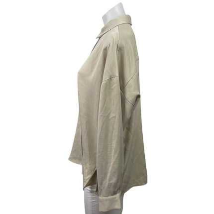 Zara Women's Cream White Long Sleeve Collared Pleated Button Down Shirt Top Sz M