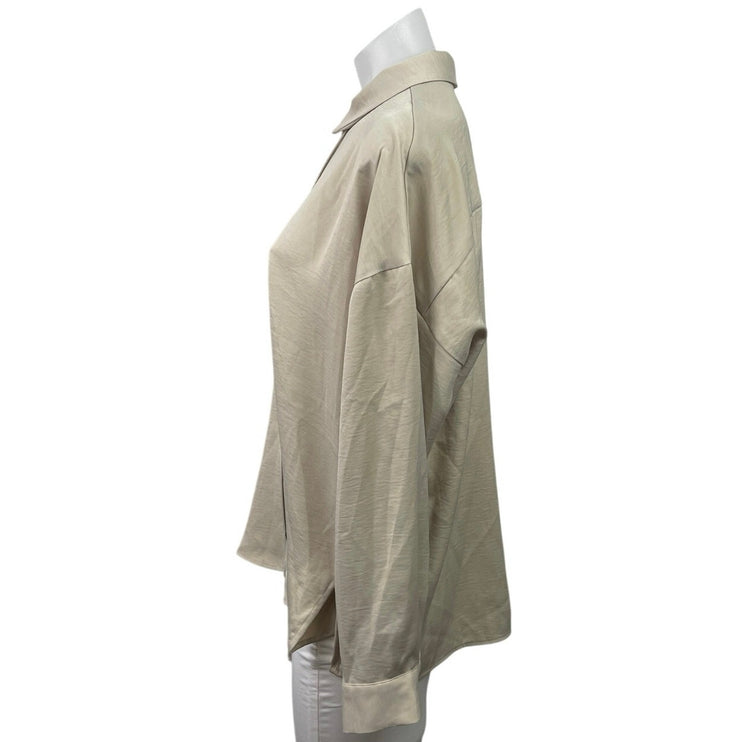 Zara Women's Cream White Long Sleeve Collared Pleated Button Down Shirt Top Sz M