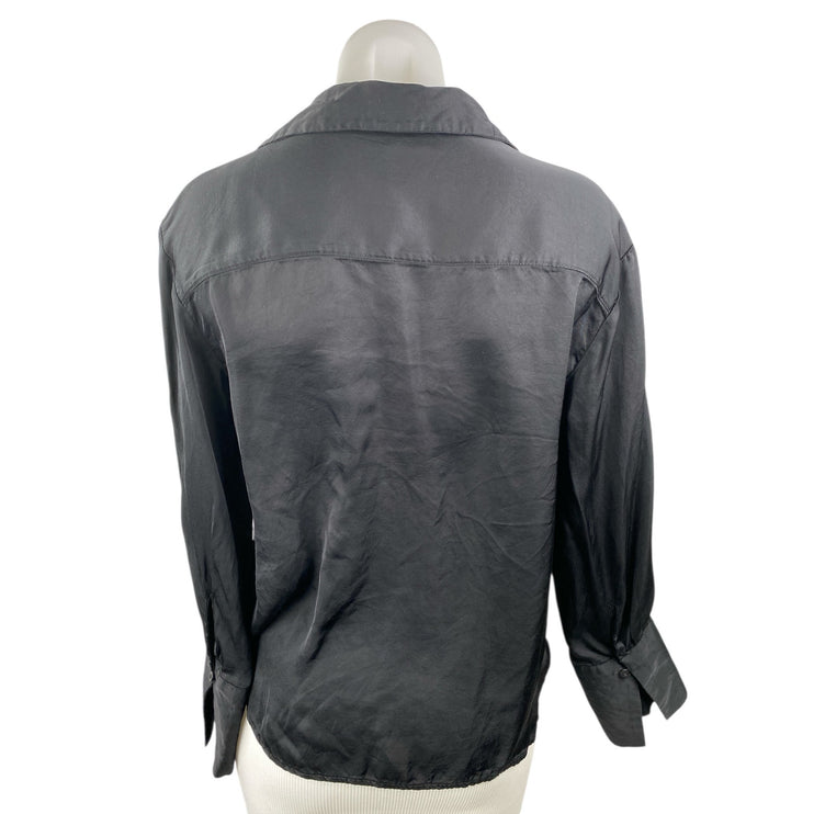 Gap Women's Black Silk Satin Long Sleeve V Neck Button Down Shirt Top Size S
