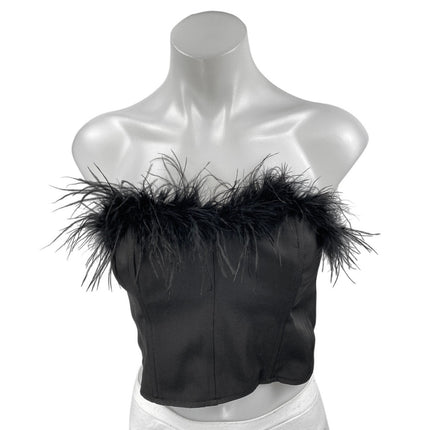 Altar'd State Black Feather Faux Fur Strapless Bandeau Corset Bustier Crop Top S