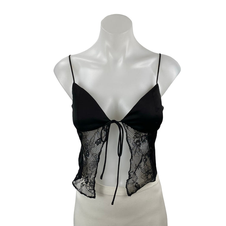 Guizio Lace Tie Womens Black Satin Floral Sheer Mesh Sleeveless Cami Tank Top XS