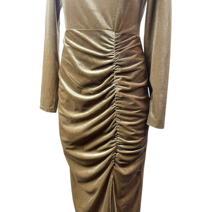 Fervente Gold Velvet Velour Long sleeve Mock Neck Ruched Midi Sheath Dress Sz 8