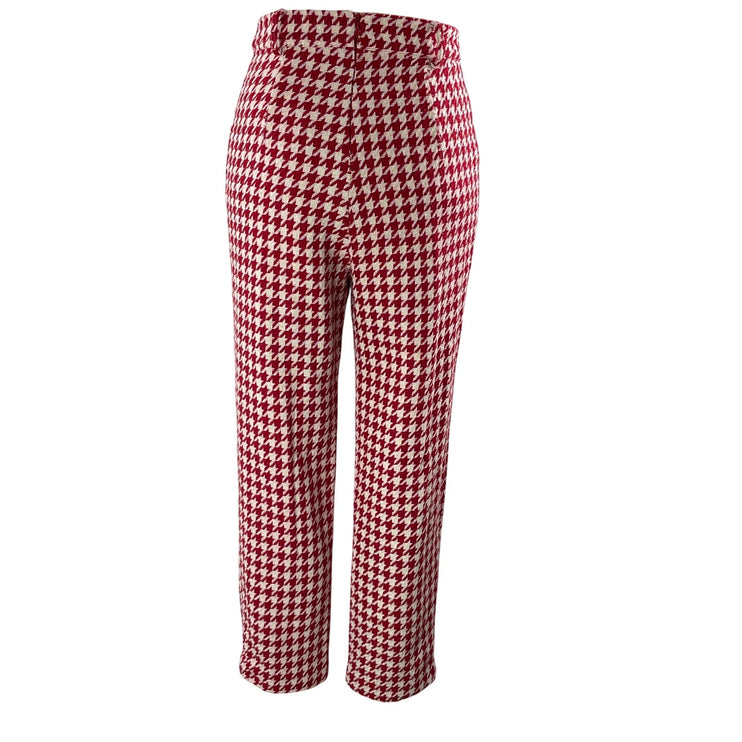 Lovers + Friends Red High Rise Houndstooth Straight Cropped Trousers Pants XXS