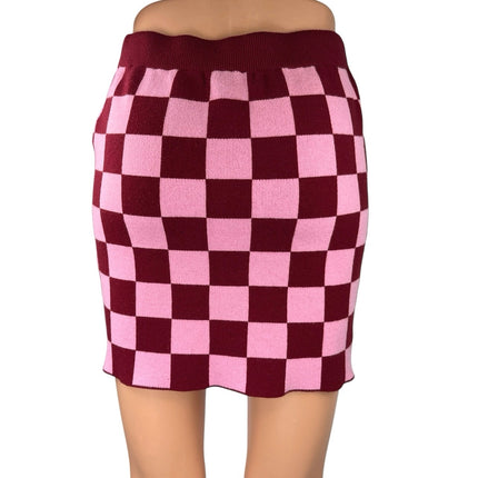 Forever 21 Maroon Pink Checkered Plaid Knitted Mini Pencil Bodycon Skirt Size M