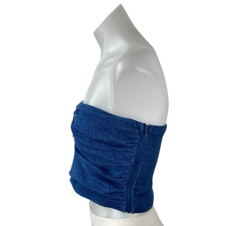 Line and Dot Joey Blue  Denim Ruched Strapless V-neck Crop Bandeau Tube Top Sz S