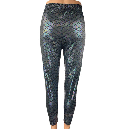 Women's Black Mermaid Scale Print Skinny High Rise Trousers Leggings Pants Sz M