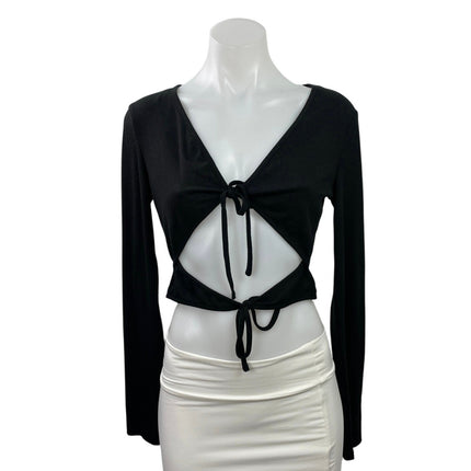 NEW Princess Polly Amala Black Ribbed Knit Cutout Tie V Neck Crop Top Size 8