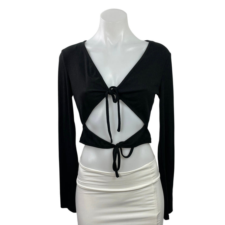 NEW Princess Polly Amala Black Ribbed Knit Cutout Tie V Neck Crop Top Size 8
