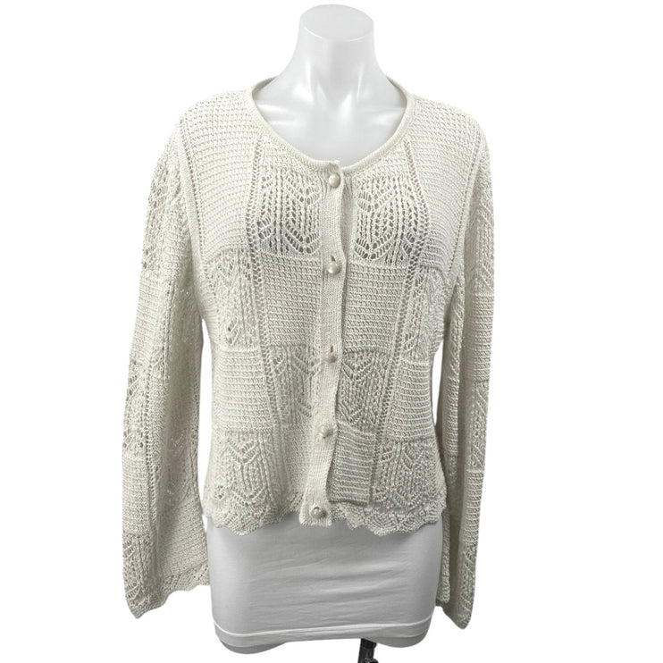 Zara Cream Beige Open Knit Long Sleeve Button Down Cardigan Sweater Top Size S