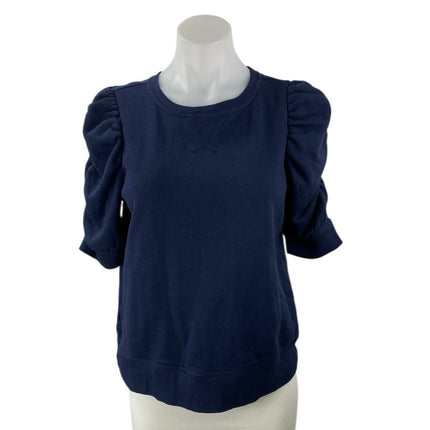 LOFT Women's Blue Crewneck Short Puff Sleeve Knit Sweater Blouse Top Size M